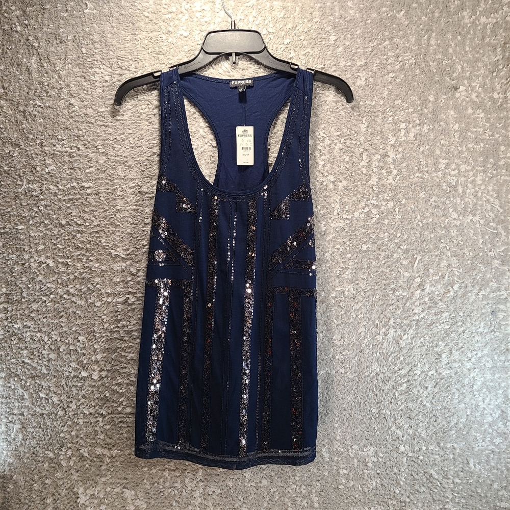 Express Women Sleeveless Navy Blue Beaded Sequin‎ Tank Blouse Size XS Lined NWT